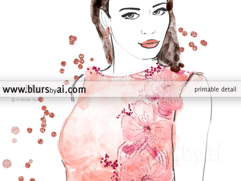 Printable fashion illustration of a coral night dress, embroidered with flowers and sequins