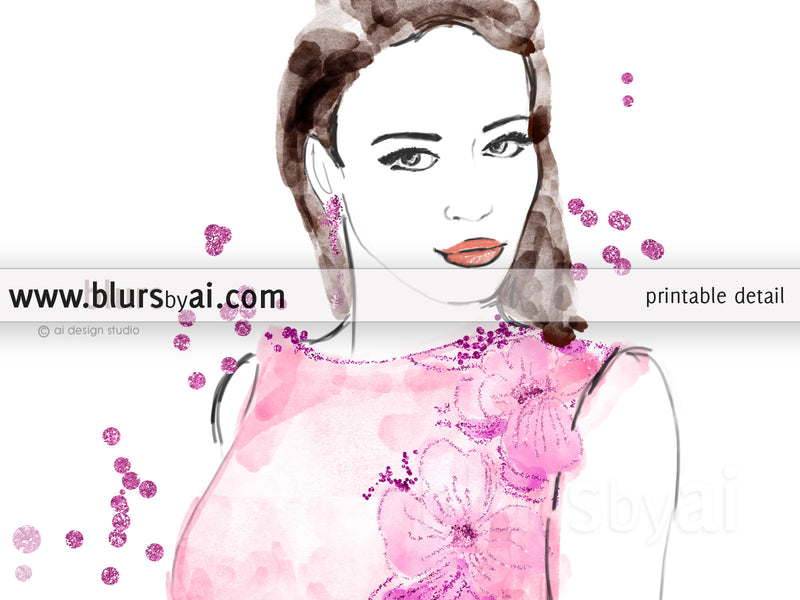 Printable fashion illustration of a pink night dress, embroidered with flowers and sequins