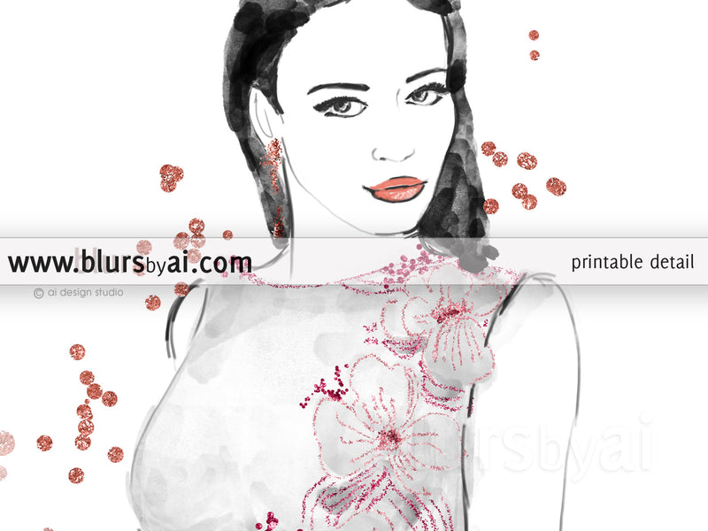 Printable fashion illustration of a grey and pink night dress, with flowers and sequins