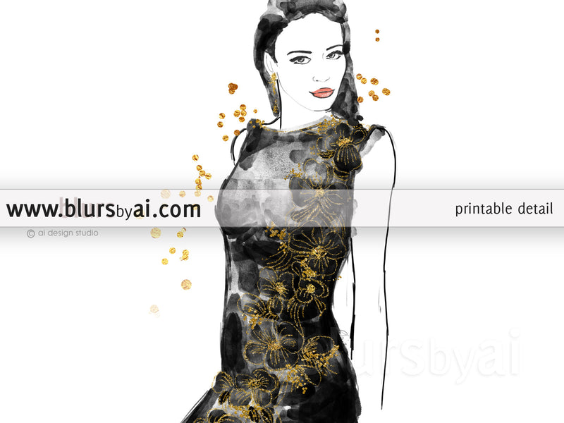 Printable fashion illustration of a black and gold night dress, with flowers and sequins