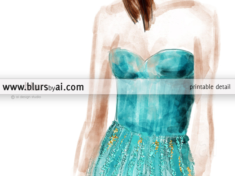 Printable fashion illustration: sequin gown in aquamarine and gold