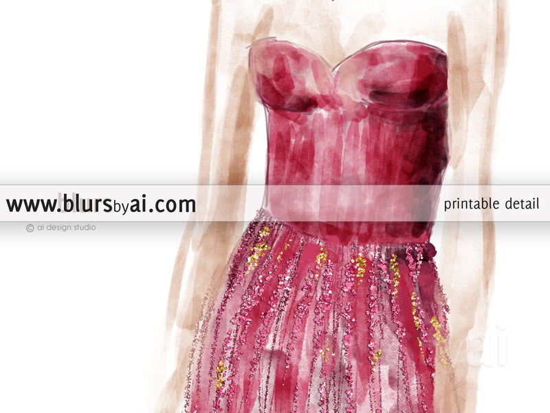 Printable fashion illustration: sequin gown in raspberry pink and gold