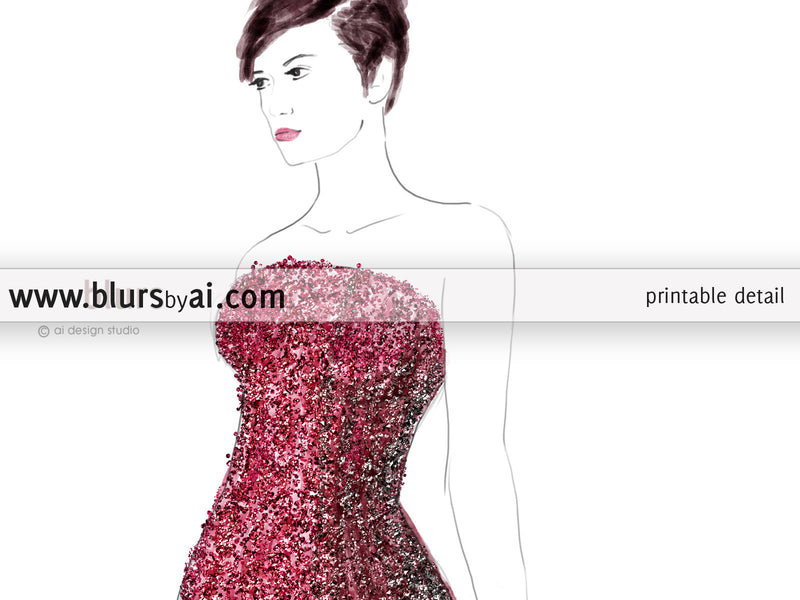 Printable fashion illustration of a raspberry red gown with glitter bodice