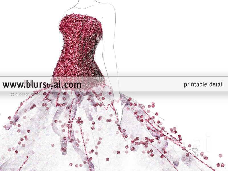 Printable fashion illustration of a grey and pink gown with glitter bodice