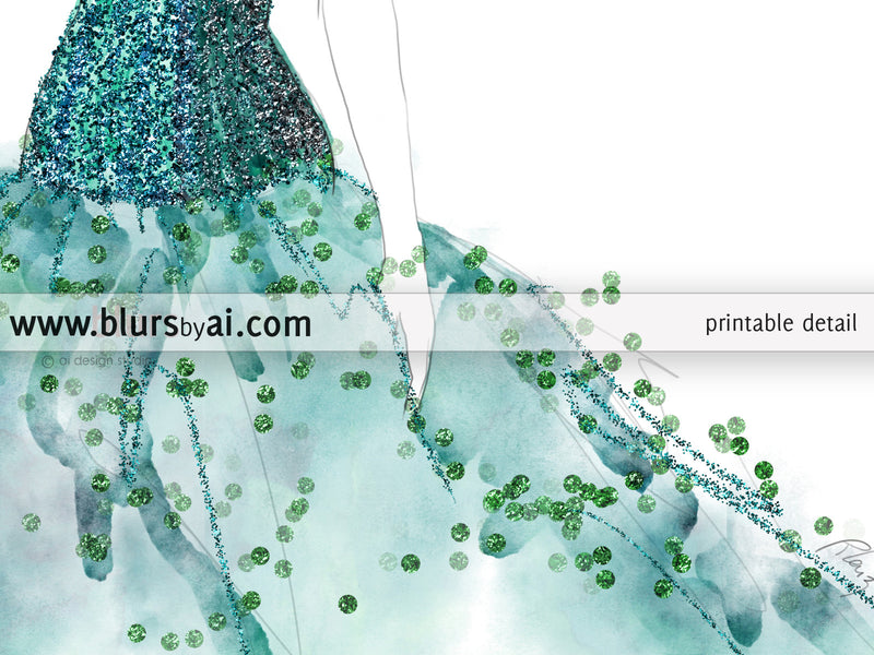 Printable fashion illustration of a teal gown with sequin bodice