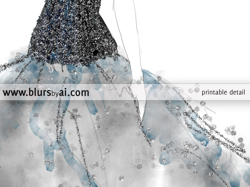 Printable fashion illustration of a black gown with sequin bodice