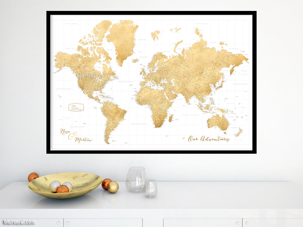 Custom world map print - highly detailed map with cities in faux gold foil effect. "Rossie"