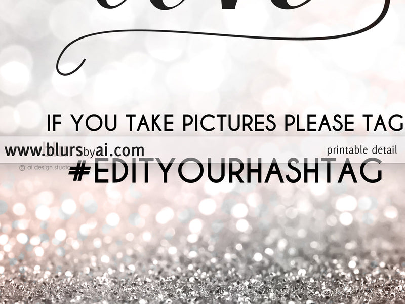 Custom printable wedding or party hashtag sign "Share the love" in blush and silver glitter