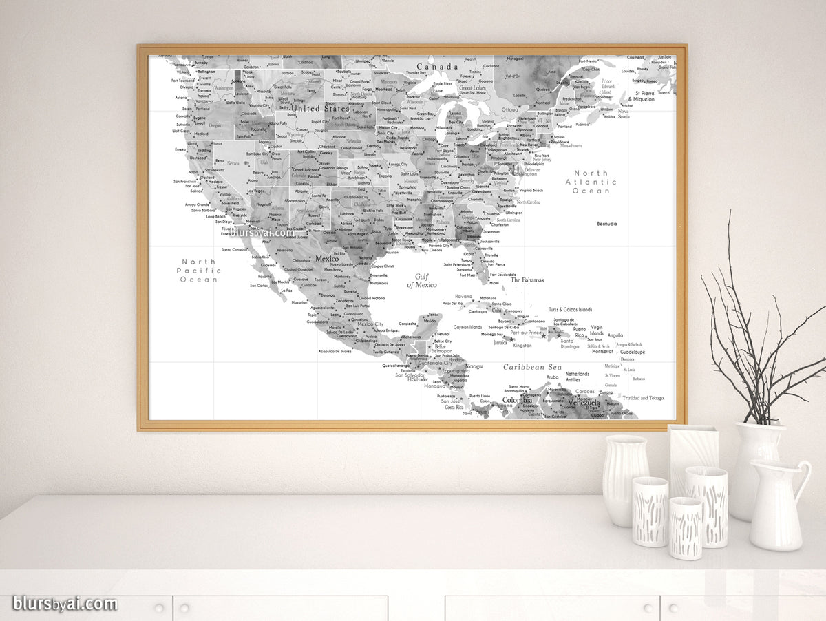 Custom map print: USA, Mexico and the Caribbean Sea in grayscale watercolor . "Jimmy"