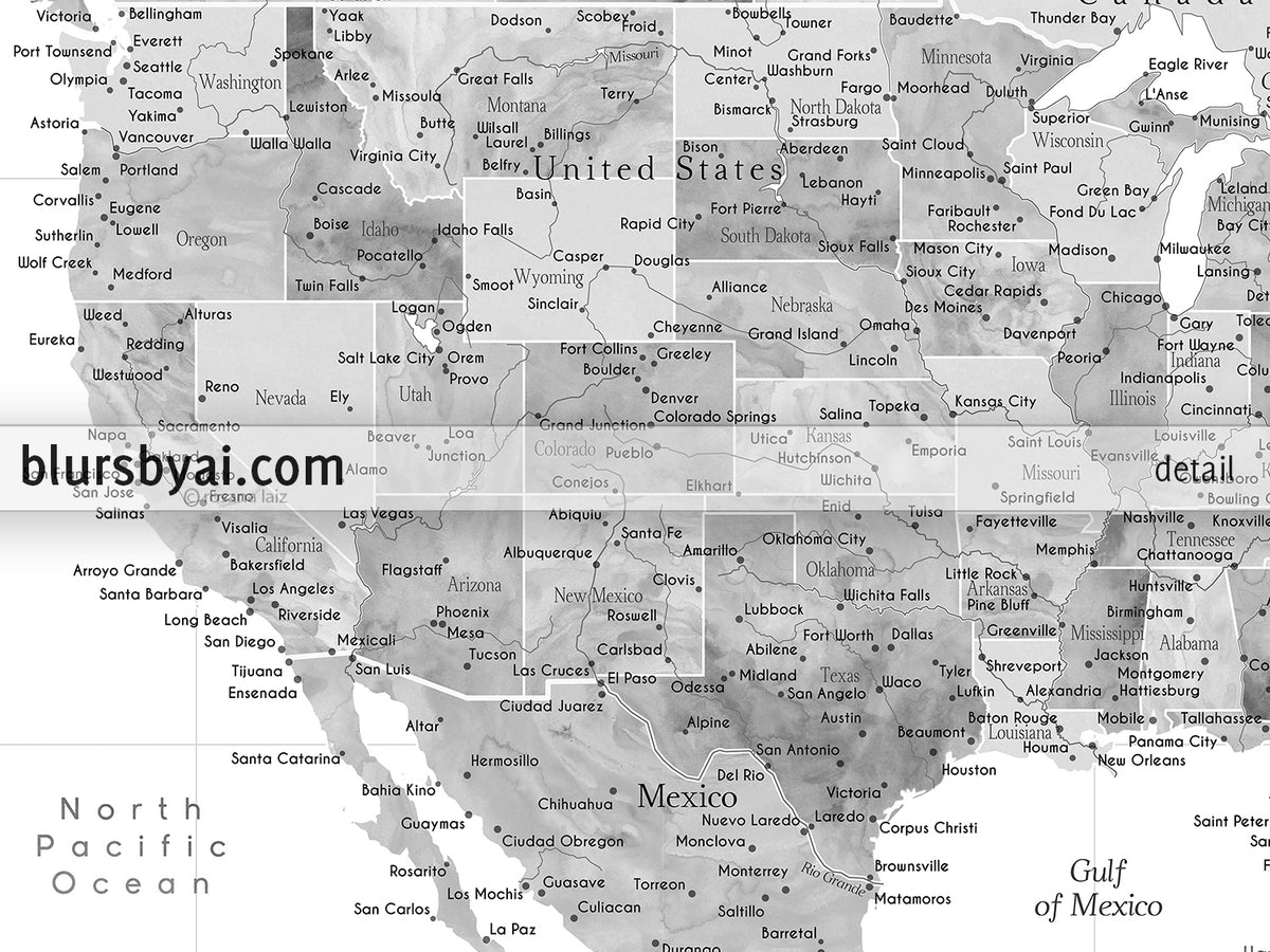 Custom map print: USA, Mexico and the Caribbean Sea in grayscale watercolor . "Jimmy"