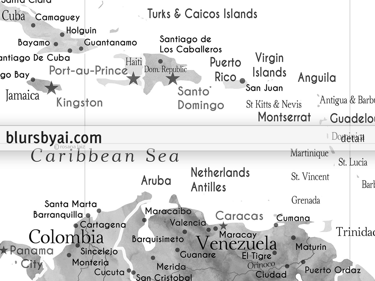 Custom map print: USA, Mexico and the Caribbean Sea in grayscale watercolor . "Jimmy"