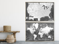 Set of two map prints on paper: USA and the world in gray matching style. "Olson"