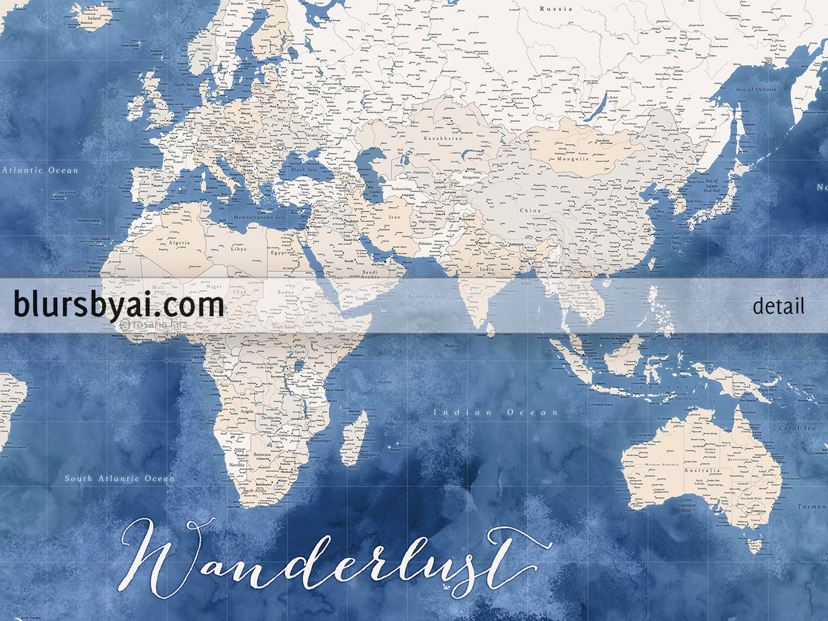 Custom world map print - highly detailed map with cities in light brown and blue watercolor. "Hudson"