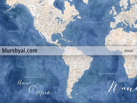 Custom world map print - highly detailed map with cities in light brown and blue watercolor. "Hudson"