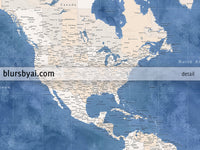 Custom world map print - highly detailed map with cities in light brown and blue watercolor. "Hudson"