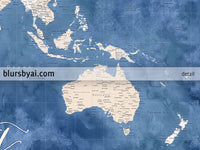 Custom world map print - highly detailed map with cities in light brown and blue watercolor. "Hudson"
