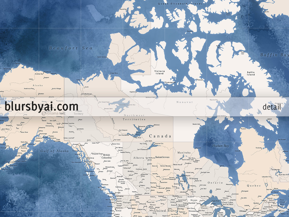 Custom world map print - highly detailed map with cities in light brown and blue watercolor. "Hudson"