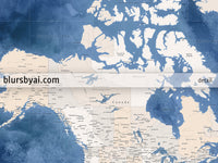 Custom world map print - highly detailed map with cities in light brown and blue watercolor. "Hudson"