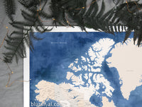 Custom world map print - highly detailed map with cities in light brown and blue watercolor. "Hudson"
