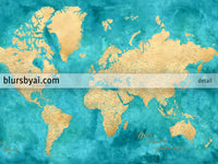 Custom world map print - highly detailed map with cities in teal and gold. "Lexy"
