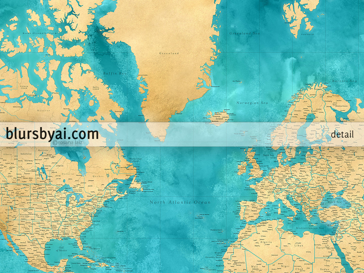 Custom world map print - highly detailed map with cities in teal and gold. "Lexy"