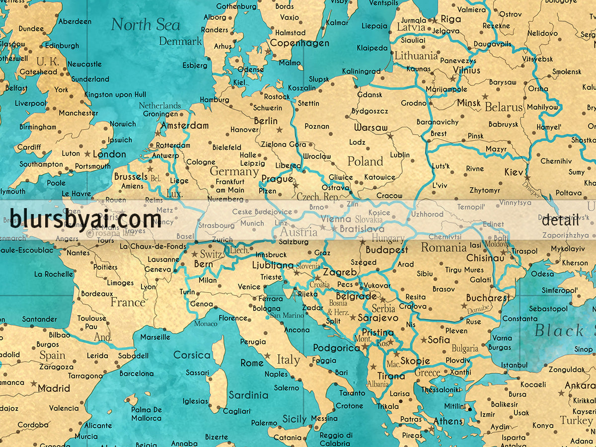 Custom world map print - highly detailed map with cities in teal and gold. "Lexy"