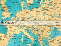Custom world map print - highly detailed map with cities in teal and gold. "Lexy"