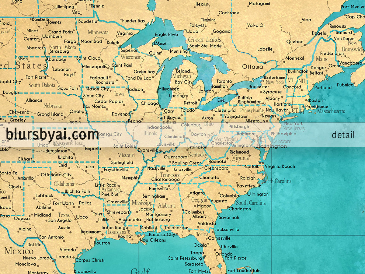 Custom world map print - highly detailed map with cities in teal and gold. "Lexy"