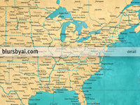 Custom world map print - highly detailed map with cities in teal and gold. "Lexy"