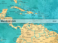 Custom world map print - highly detailed map with cities in teal and gold. "Lexy"