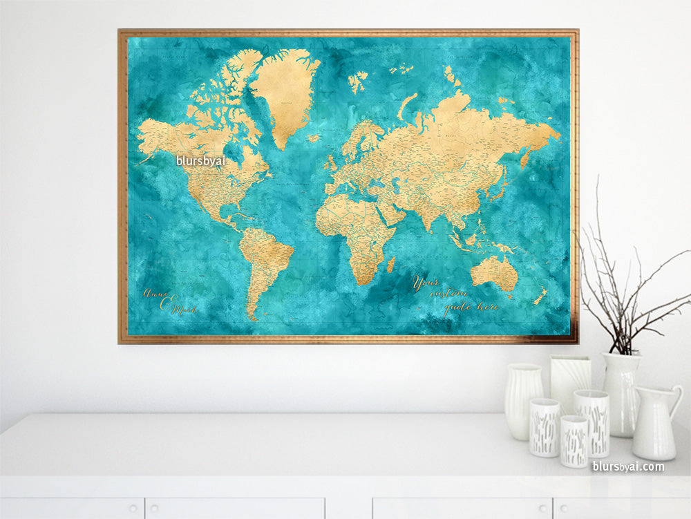 Custom world map print - highly detailed map with cities in teal and gold. "Lexy"