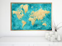 Custom world map print - highly detailed map with cities in teal and gold. "Lexy"