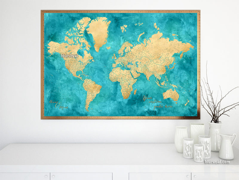 Custom world map print - highly detailed map with cities in teal and gold. "Lexy"