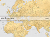 Custom world map print - highly detailed map with cities in gray and gold. "Everly"