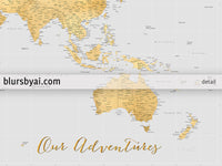 Custom world map print - highly detailed map with cities in gray and gold. "Everly"