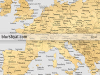 Custom world map print - highly detailed map with cities in gray and gold. "Everly"