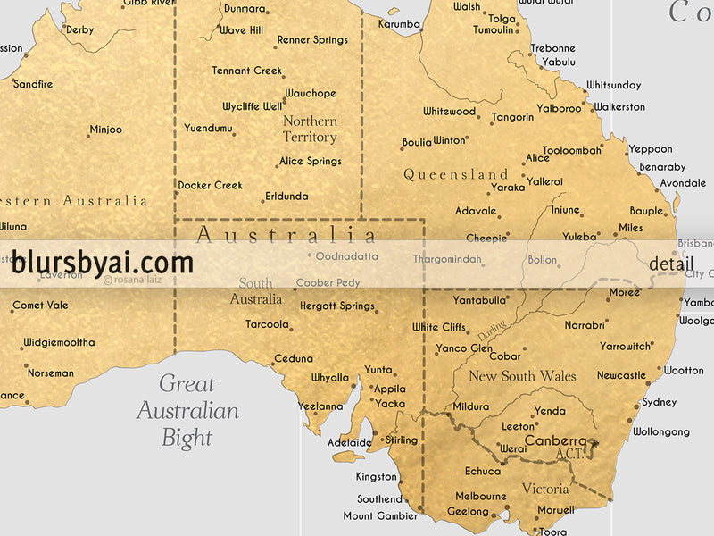 Custom world map print - highly detailed map with cities in gray and gold. "Everly"
