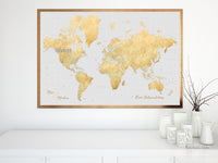 Custom world map print - highly detailed map with cities in gray and gold. "Everly"