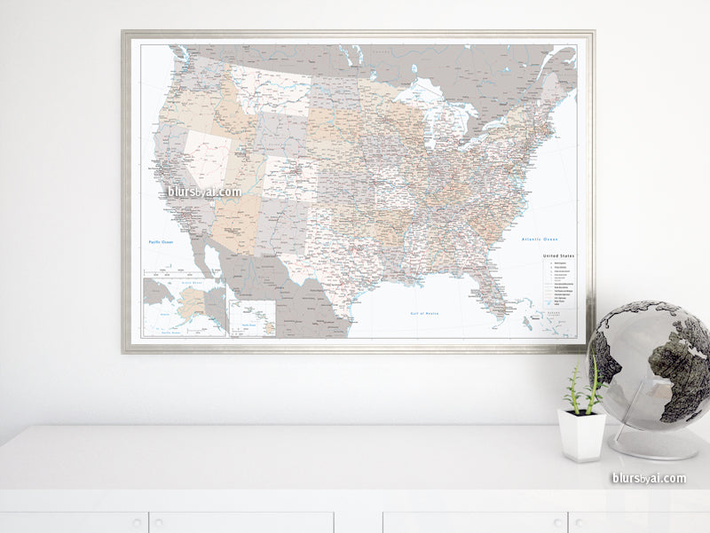 Custom US map print: highly detailed map of the US with roads. "Lincoln"