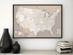 Custom US map print: highly detailed map of the US with roads. "Light earth tones"