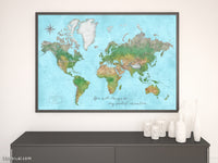 Custom world map print - highly detailed map with cities in watercolor topography. "Jay"