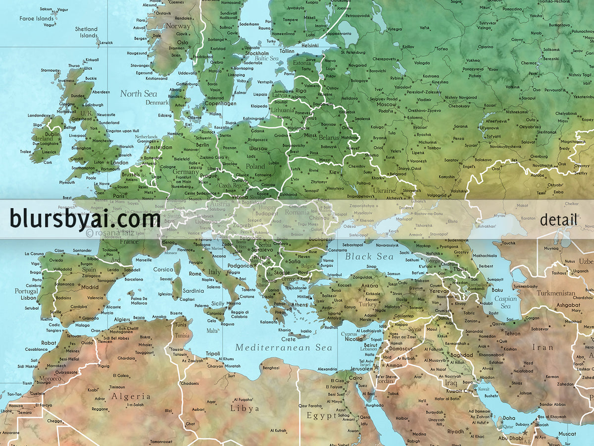 Custom world map print - highly detailed map with cities in watercolor topography. "Jay"