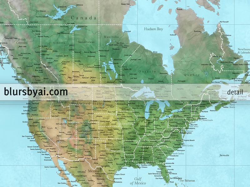 Custom world map print - highly detailed map with cities in watercolor topography. "Jay"