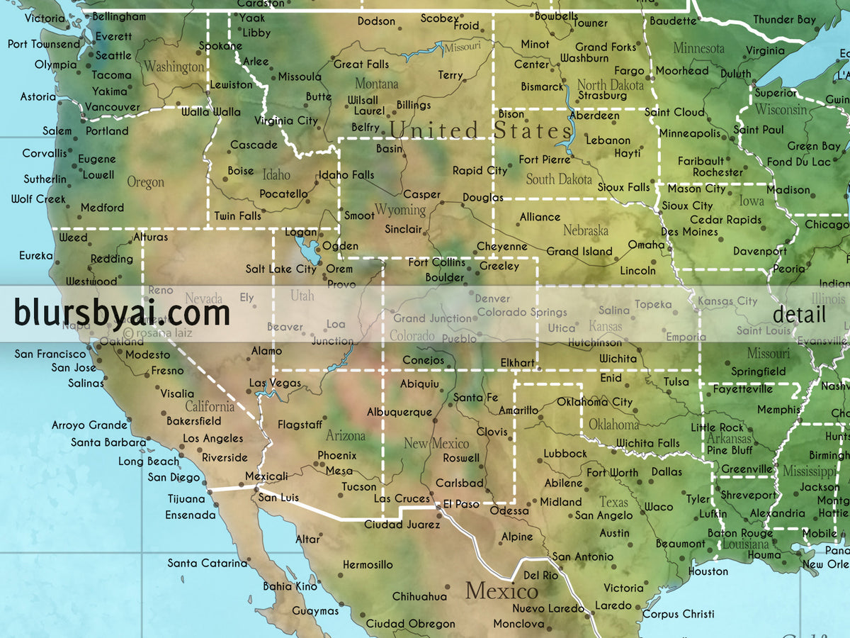Custom world map print - highly detailed map with cities in watercolor topography. "Jay"