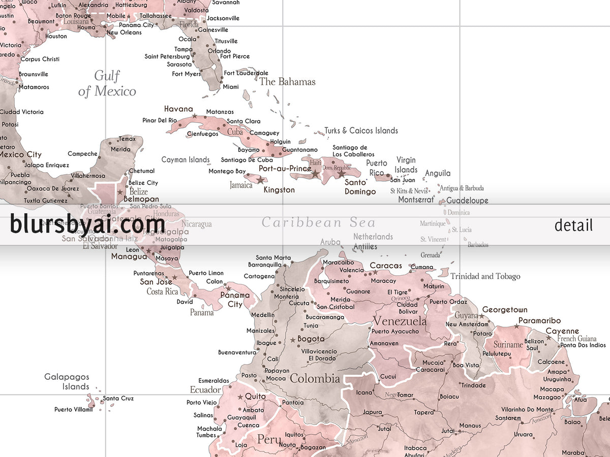 Custom world map print - highly detailed map with cities in dusty pink and grey. "Piper"