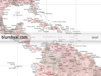 Custom large & highly detailed world map canvas print or push pin map in dusty pink and grey. "Piper"