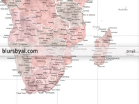 Custom world map print - highly detailed map with cities in dusty pink and grey. "Piper"