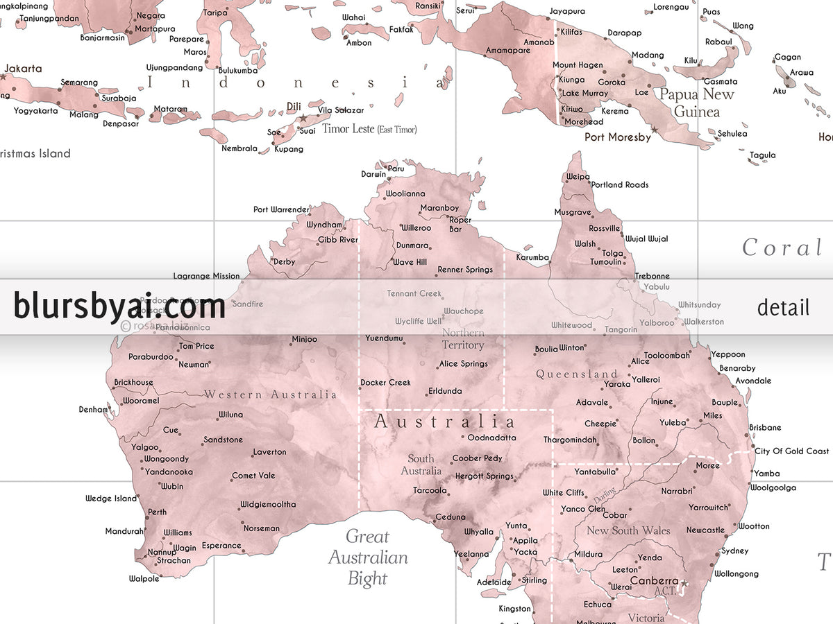 Custom world map print - highly detailed map with cities in dusty pink and grey. "Piper"