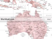 Custom world map print - highly detailed map with cities in dusty pink and grey. "Piper"