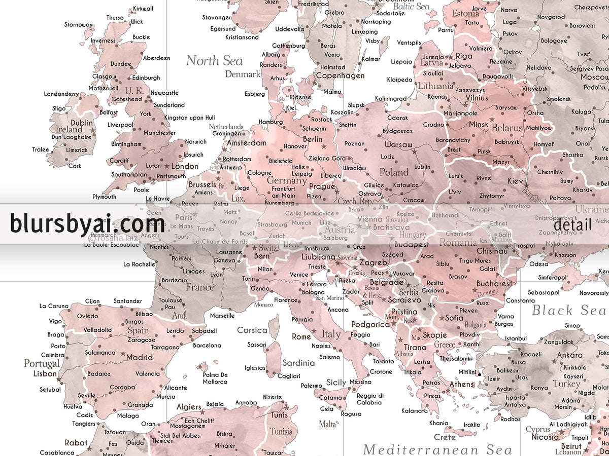 Custom world map print - highly detailed map with cities in dusty pink and grey. "Piper"